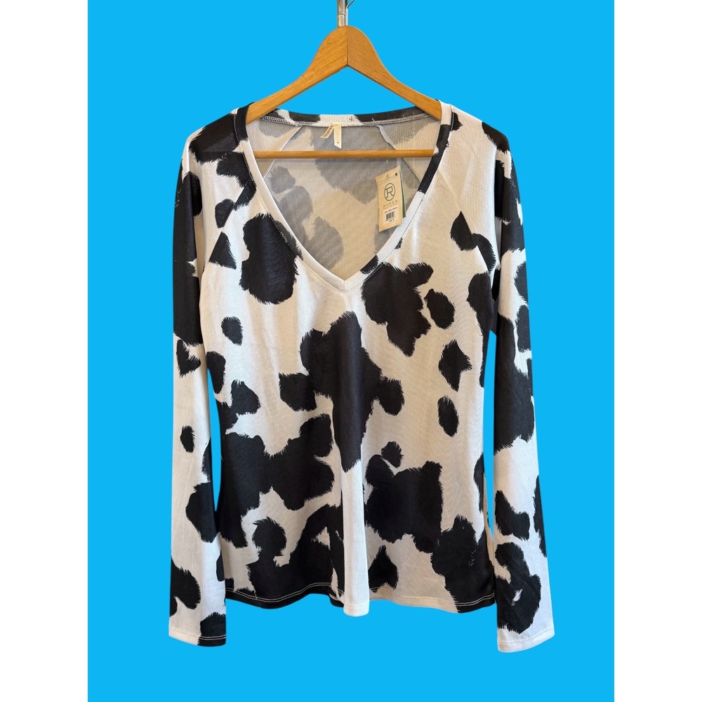 Roper Wmns Cow Print Black/White V-Neck NWT LS Lightweight M Western Shirt/Top